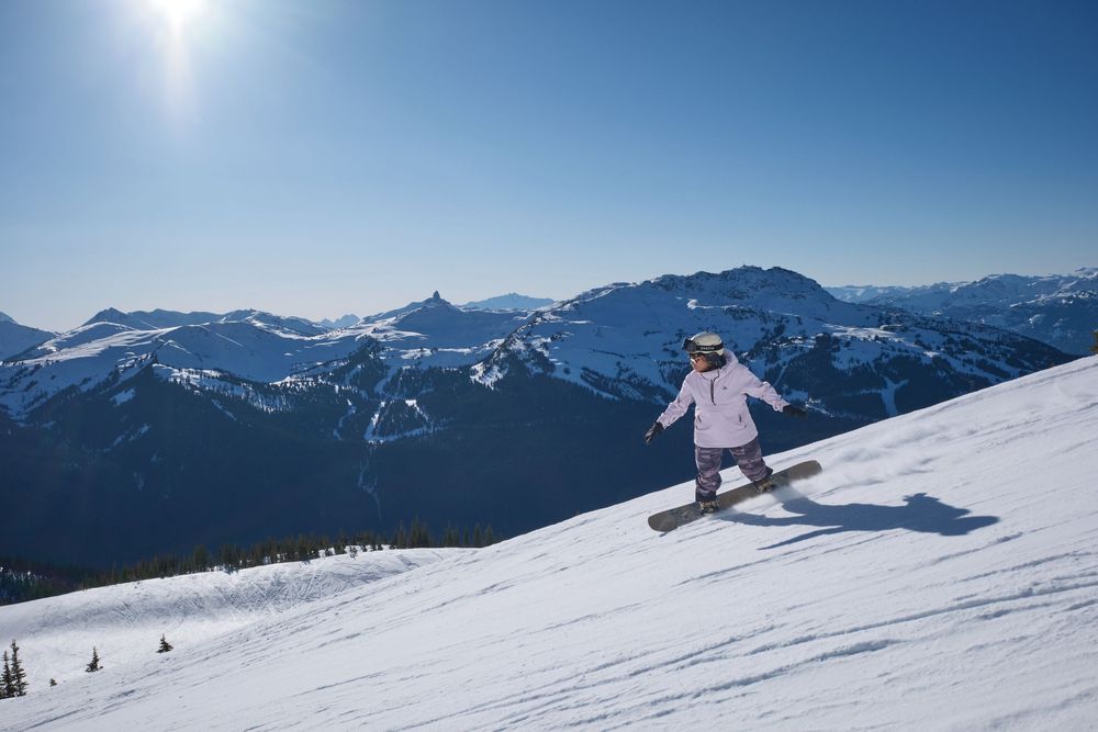 Panoramic view of snow-capped mountain ranges with ski trails winding through pristine winter terrain.