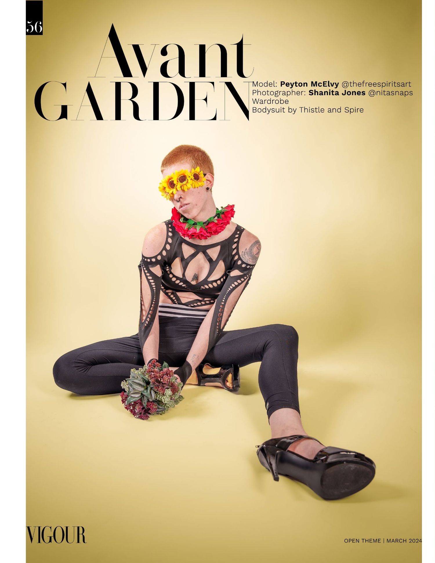 Avant-garde fashion photography with model in black outfit and garden elements.