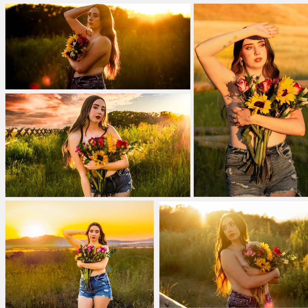 Images of beautiful woman, holding flowers at Tunnel springs Park, N. SLC, UT. Featuring beautiful sunset.