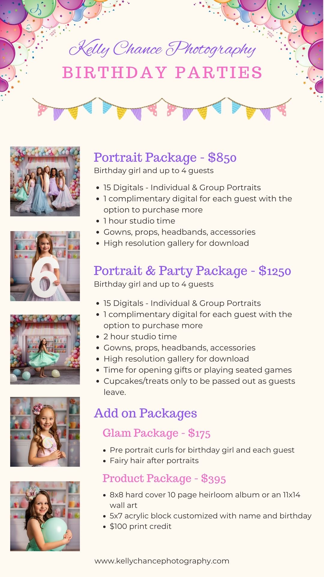 Photography pricing menu for birthday party packages with purple and pink balloon border design.