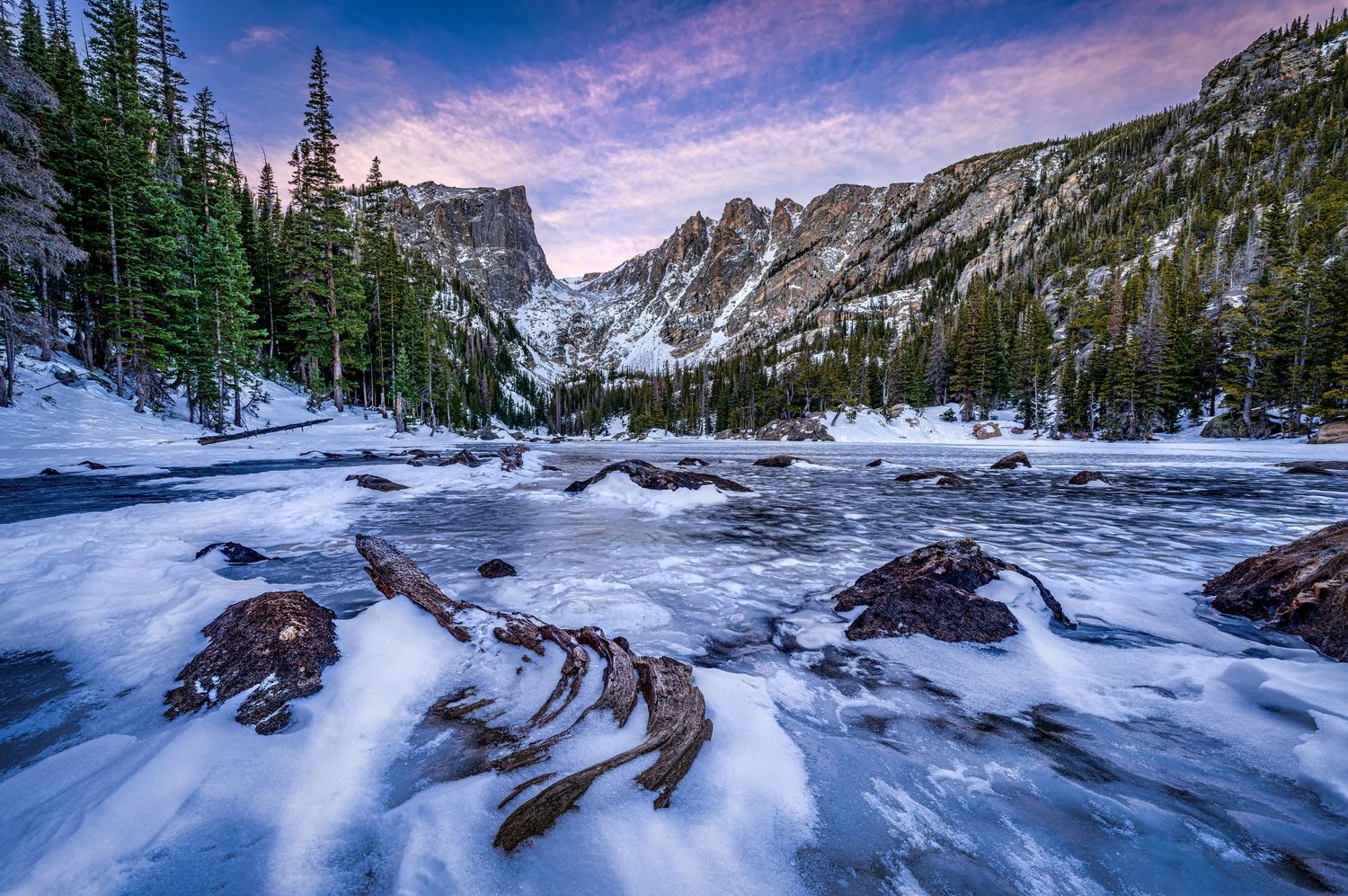 Dream Lake at sunrise photo by Denver Drone, Hospitality, Travel & Tourism photographer Captain Colorado Photography.