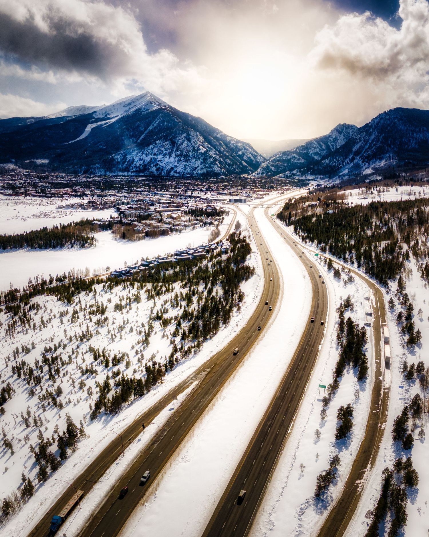 Snowy photo of I-70 in Silverthorn/Frisco area by Denver Drone, Hospitality, Travel & Tourism photographer Captain Colorado Photography.
