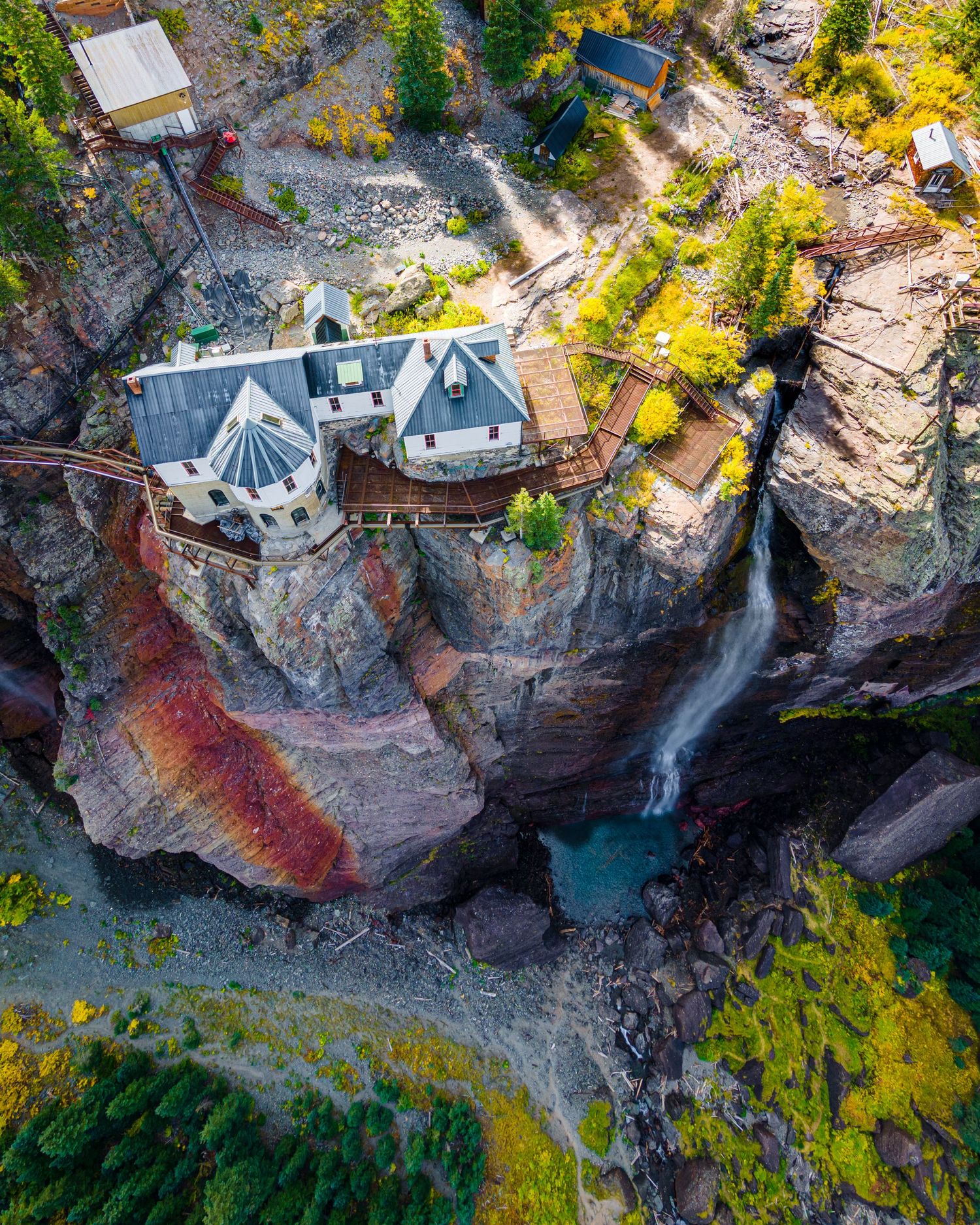 Aerial/drone photo of Bridal Veil Falls in Telluride by by Denver Hospitality, Travel & Tourism photographer Captain Colorado Photography.