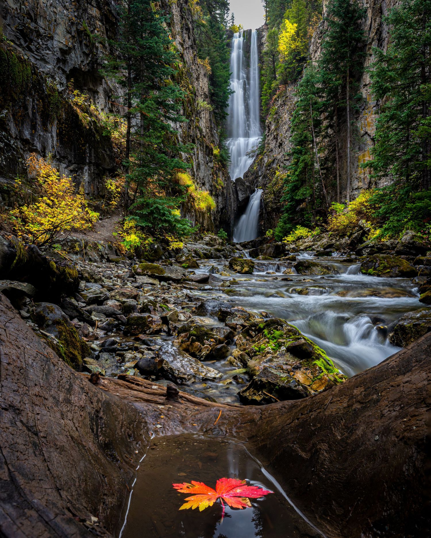 Waterfall photo of Mystic Falls during Fall by Denver Drone, Hospitality, Travel & Tourism photographer Captain Colorado Photography.