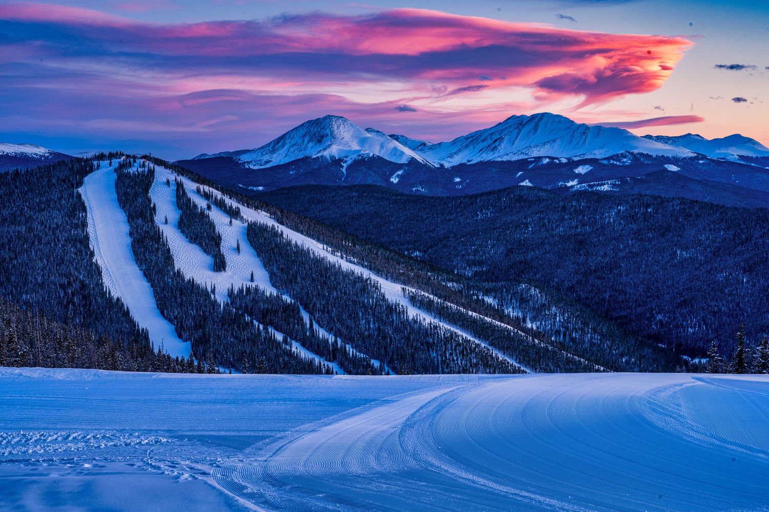 Keystone Ski Resort at sunset photo by Denver Drone, Hospitality, Travel & Tourism photographer Captain Colorado Photography.