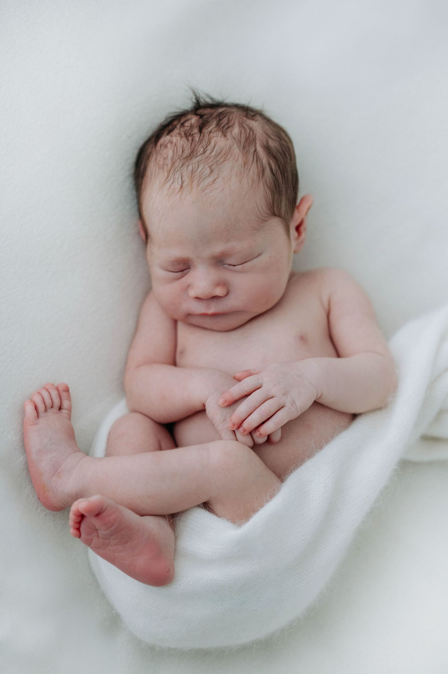 A sleeping newborn baby wrapped in soft white blankets in a minimalist style photo series.