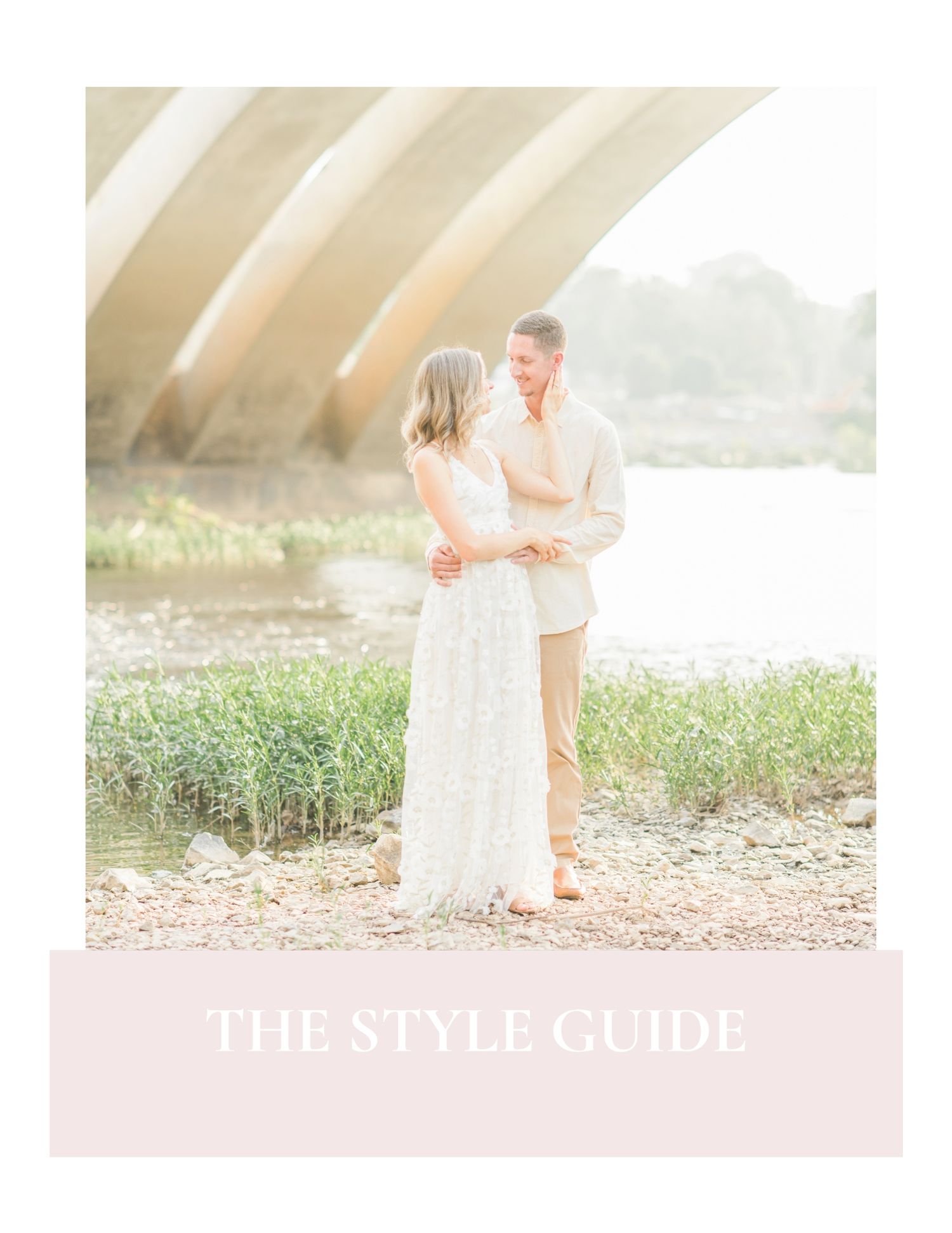 A couple embraces near a bridge and river, styled in white and beige for a style guide cover.