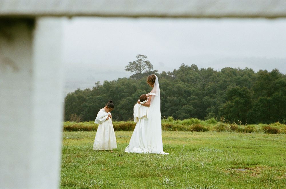 Bridal party poses on a grassy hillside overlooking a misty mountain landscape.