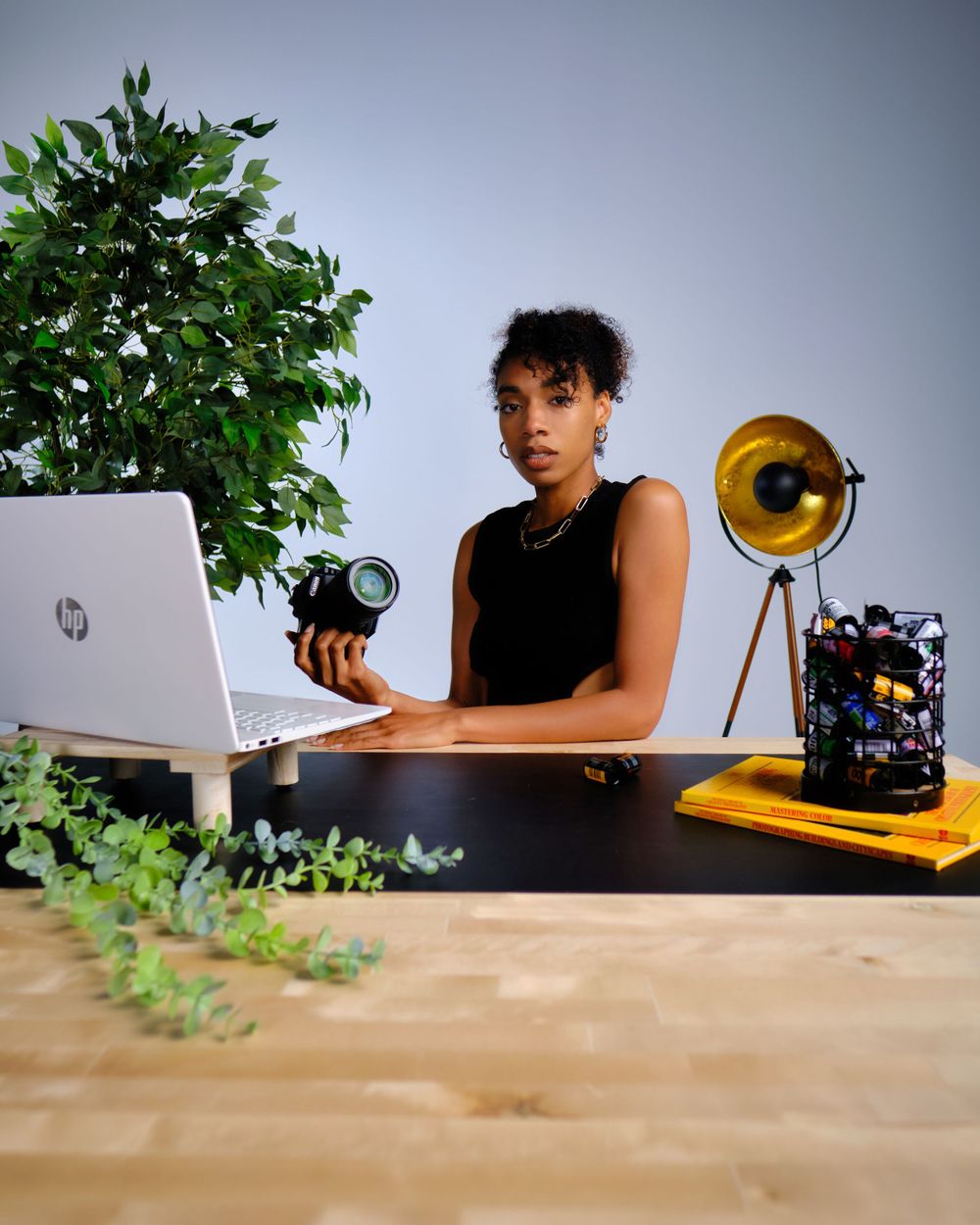 Modern workspace setup with laptop, camera, and decorative plants on wooden desk.
