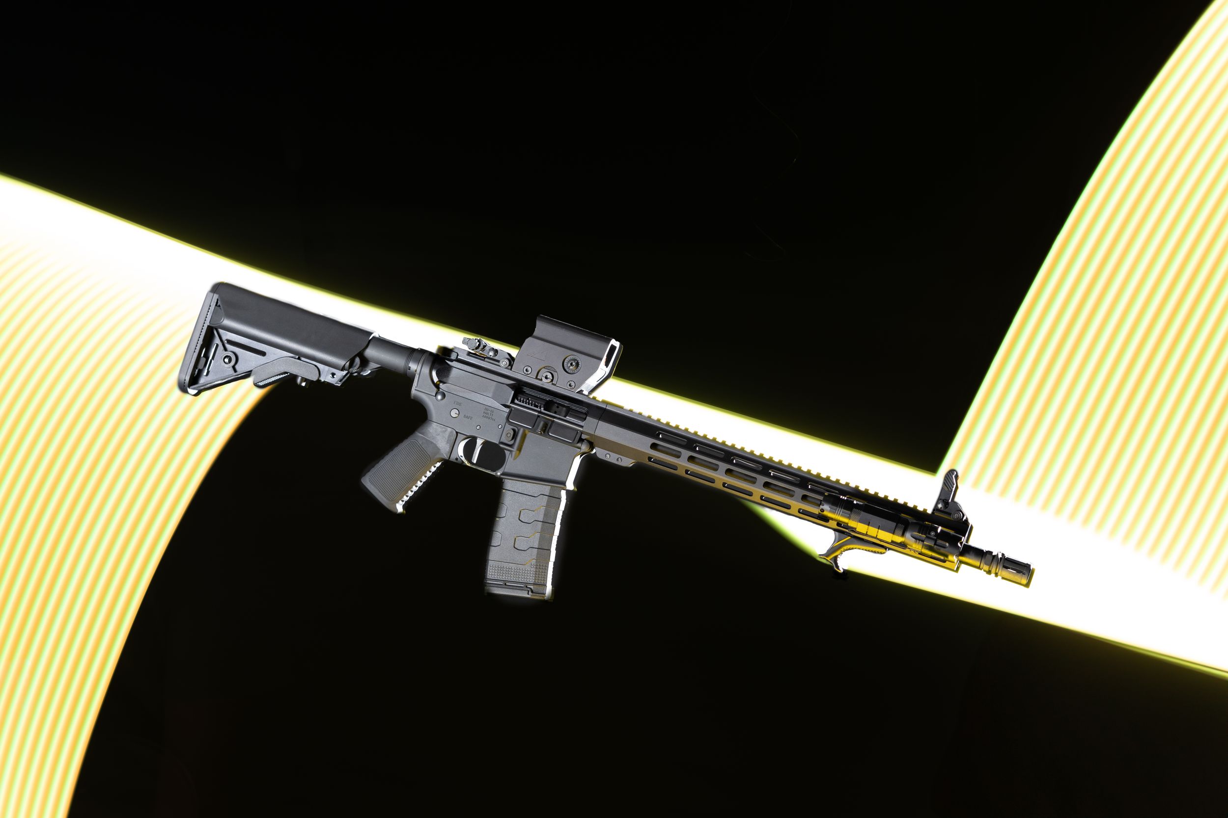 Collection of rifles displayed on black background.