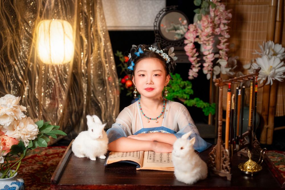 Beautiful kids Tang Dynasty Hanfu studio photography with sparkling golden props, captured by Imagine Image Studio Auckland.