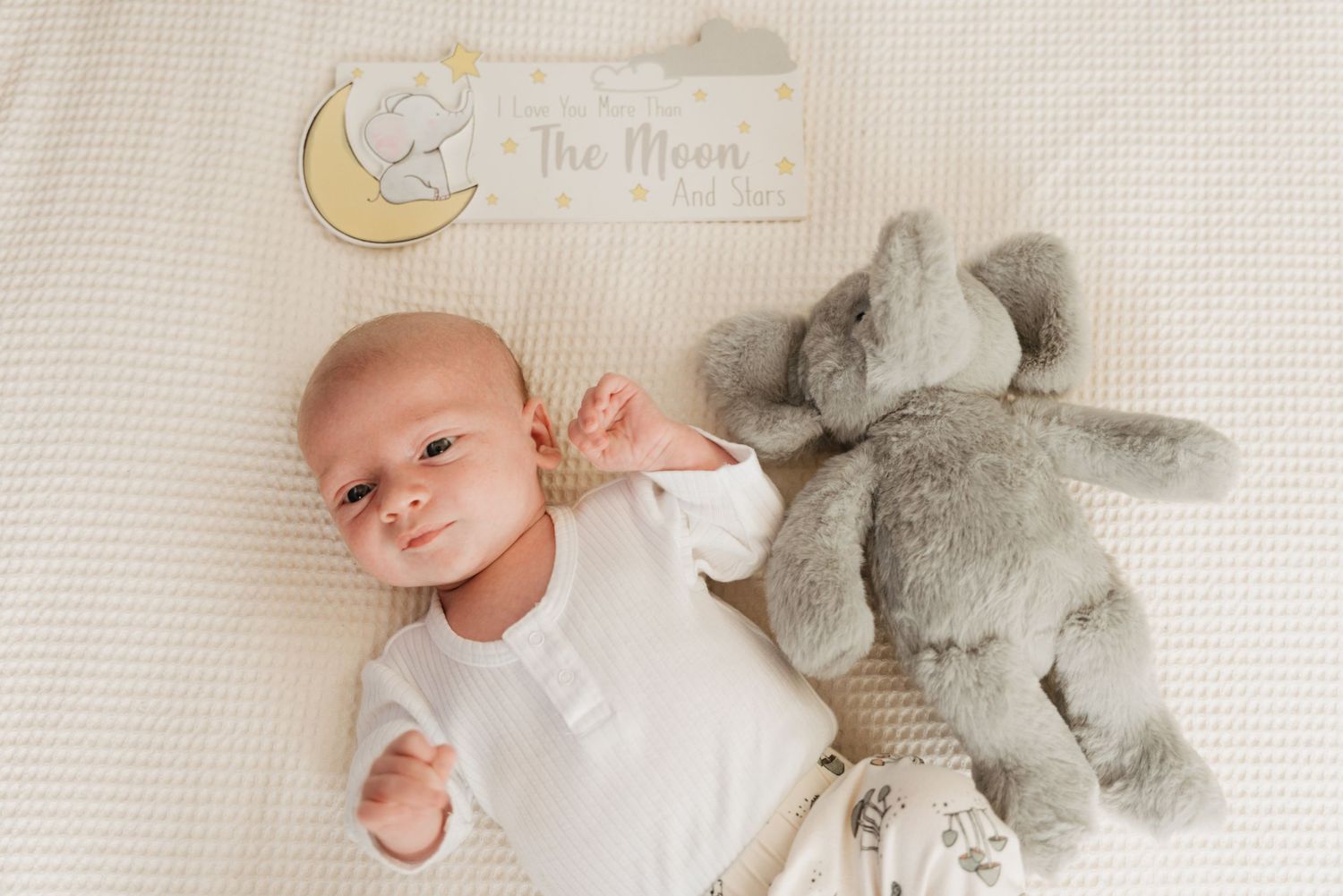 Newborn baby lying on white blanket next to plush elephant toy and moon sign.