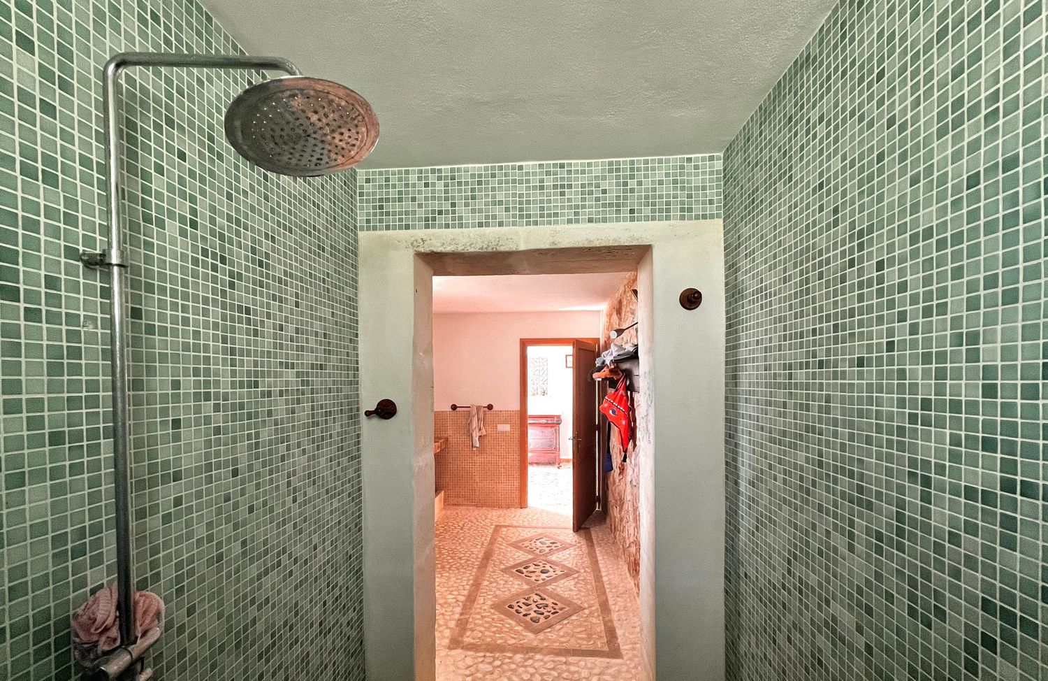 Green mosaic tiled walk-in shower with overhead rain showerhead, opening to a closet and bedroom beyond.