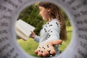A creative back to school photograph showing someone reading through a circular frame with written text on their palm in Middletown NJ