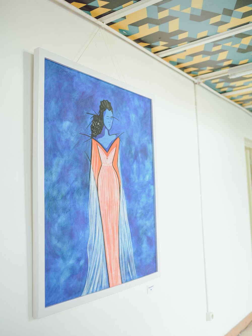 Stylized painting of a figure in a long peach evening gown against a deep blue background.