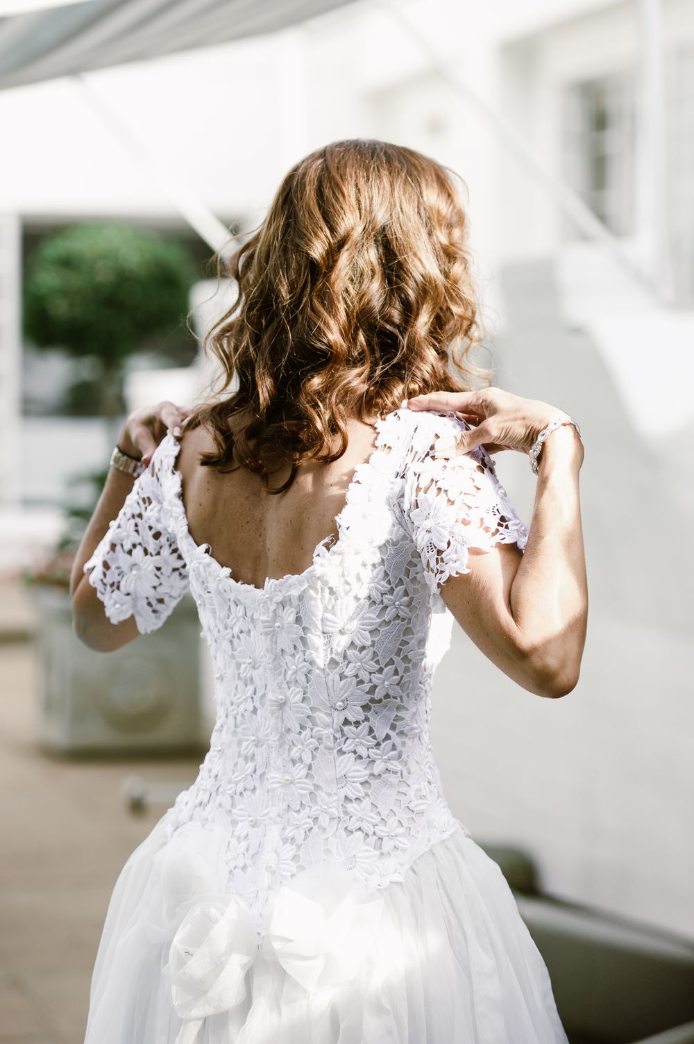 Close up of the bride's dress at a wedding shoot