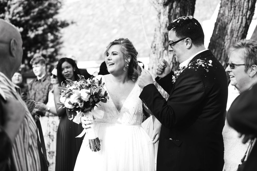 The bride and groom just married at a wedding shoot