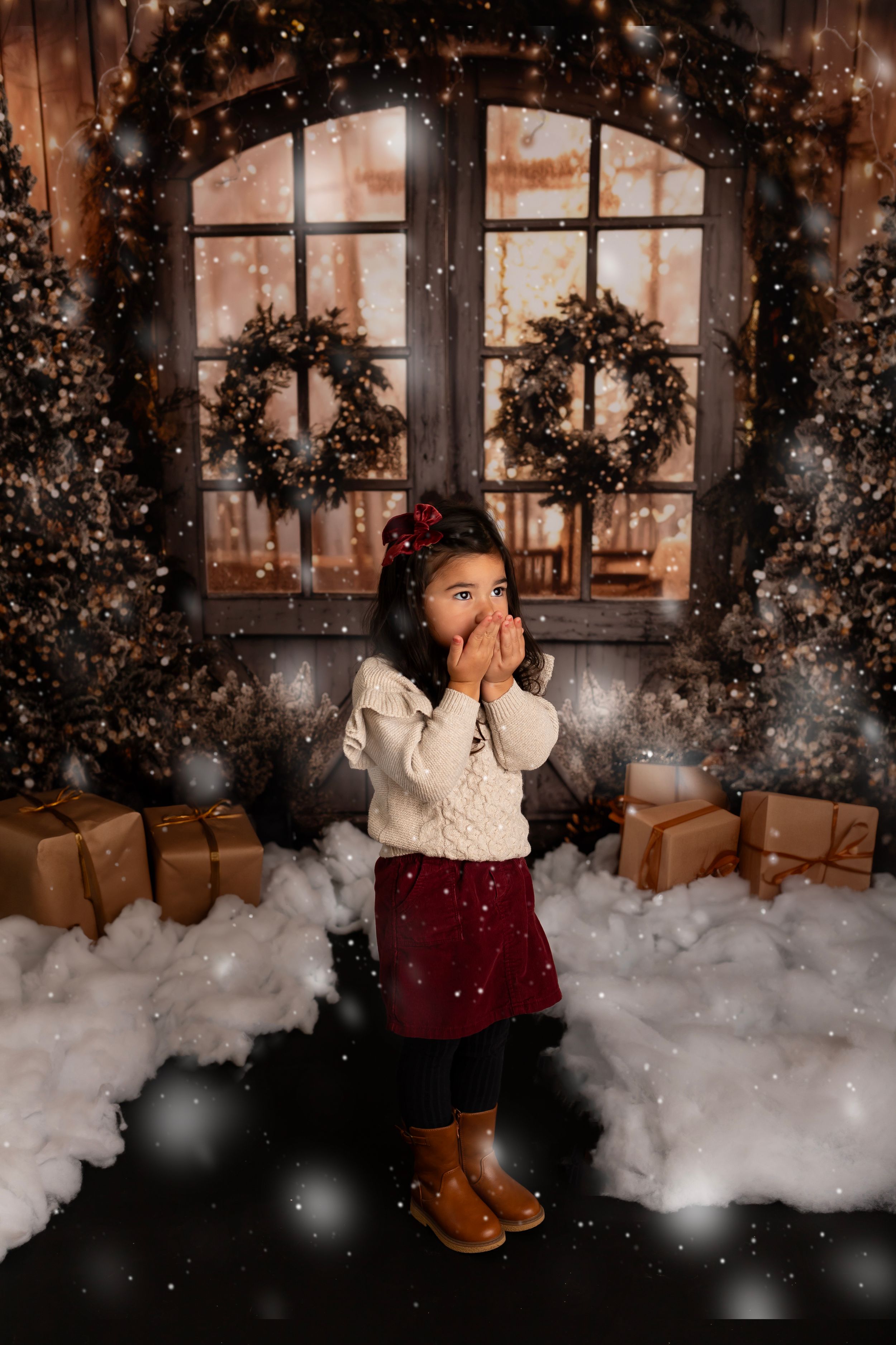 Winter wonderland setting with snow, brown paper packages, and Christmas wreaths in the background.