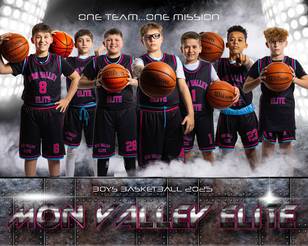 Youth basketball team poses with basketballs in black and pink uniforms against dramatic lighting and text overlay.
