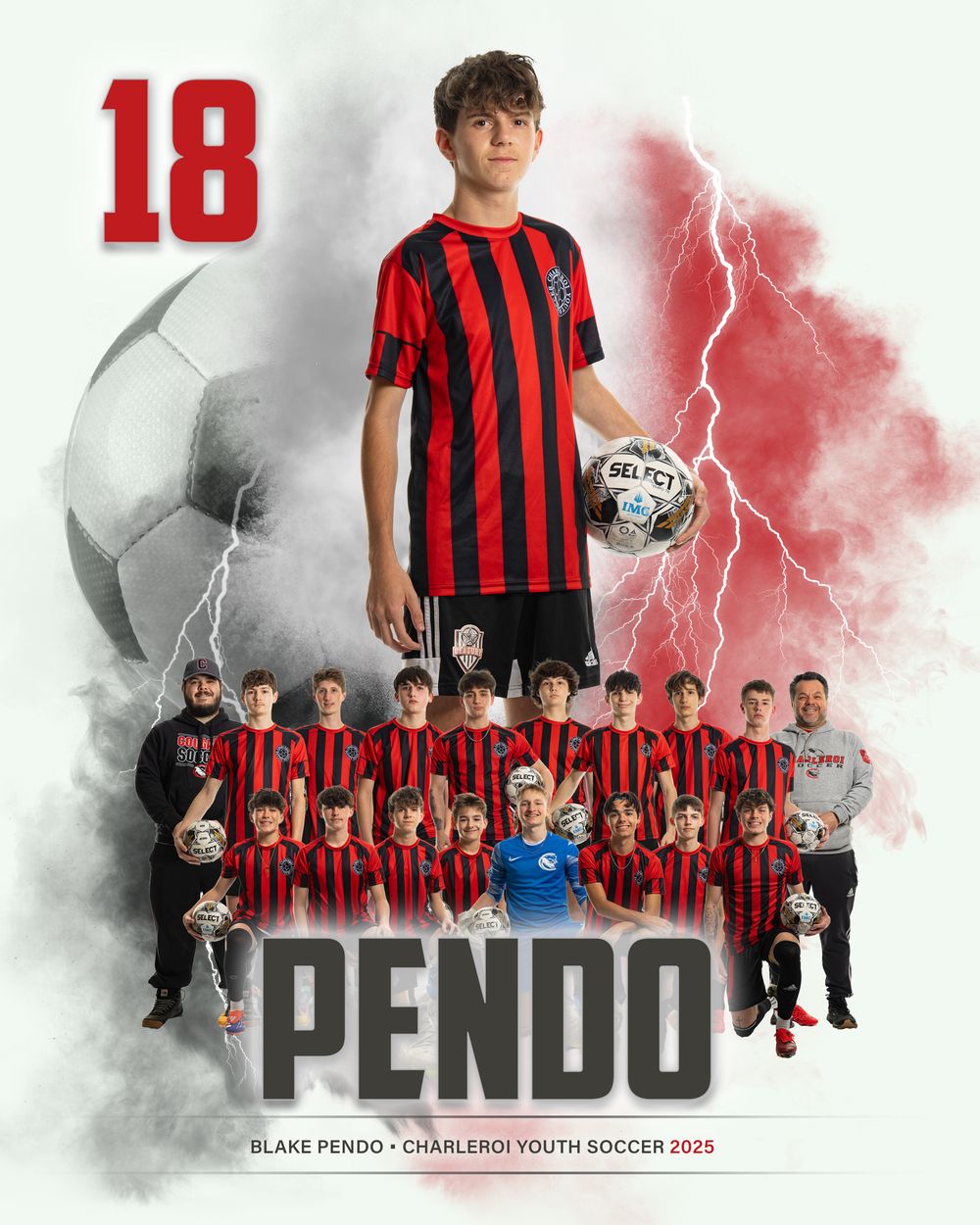 Youth soccer sports team photo design with jersey number 18, red and black striped uniform, soccer ball and lightning effects.