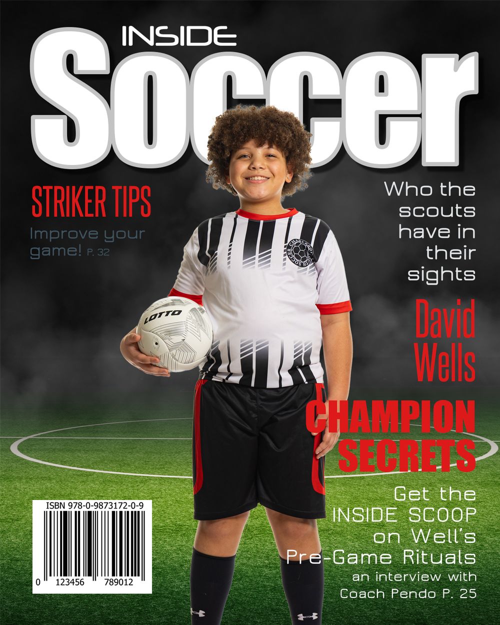 The cover of Inside Soccer magazine showing a young soccer player in a black and white striped jersey holding a ball.