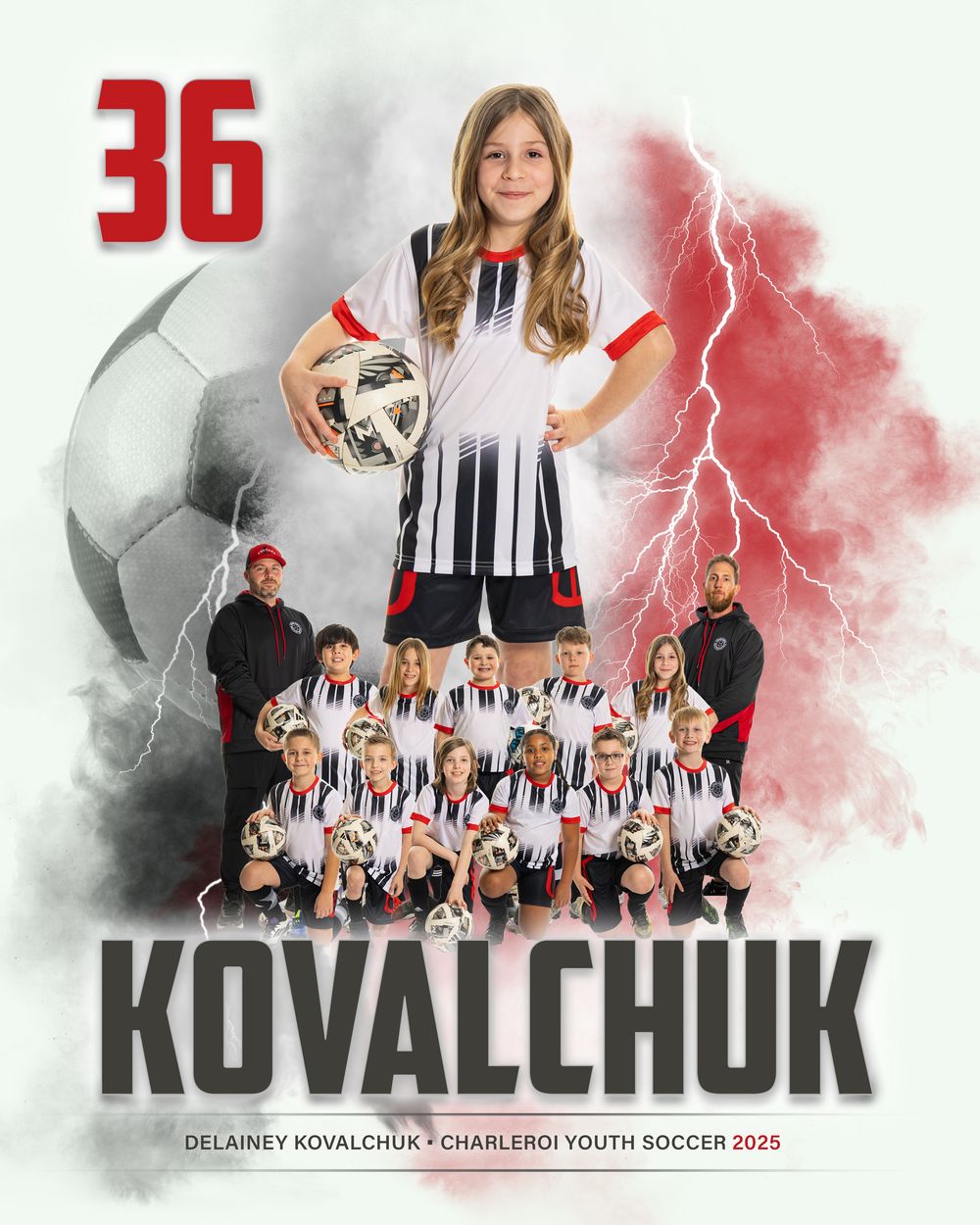 Youth soccer player in black and white striped jersey with number 36 and team photo composite with dramatic lightning effect.