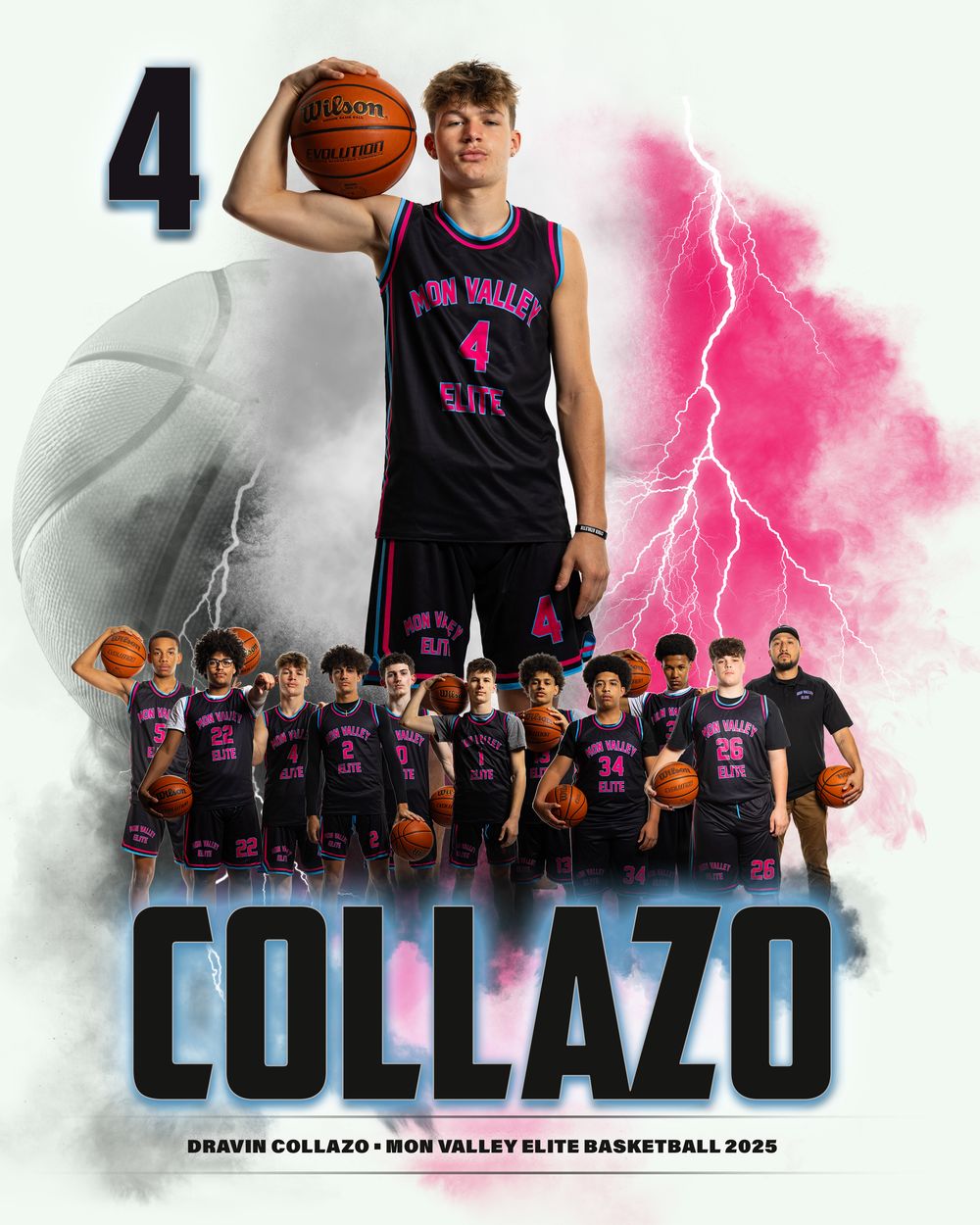 High school basketball team photo collage with dramatic pink lightning and gray cloud effects against white background.