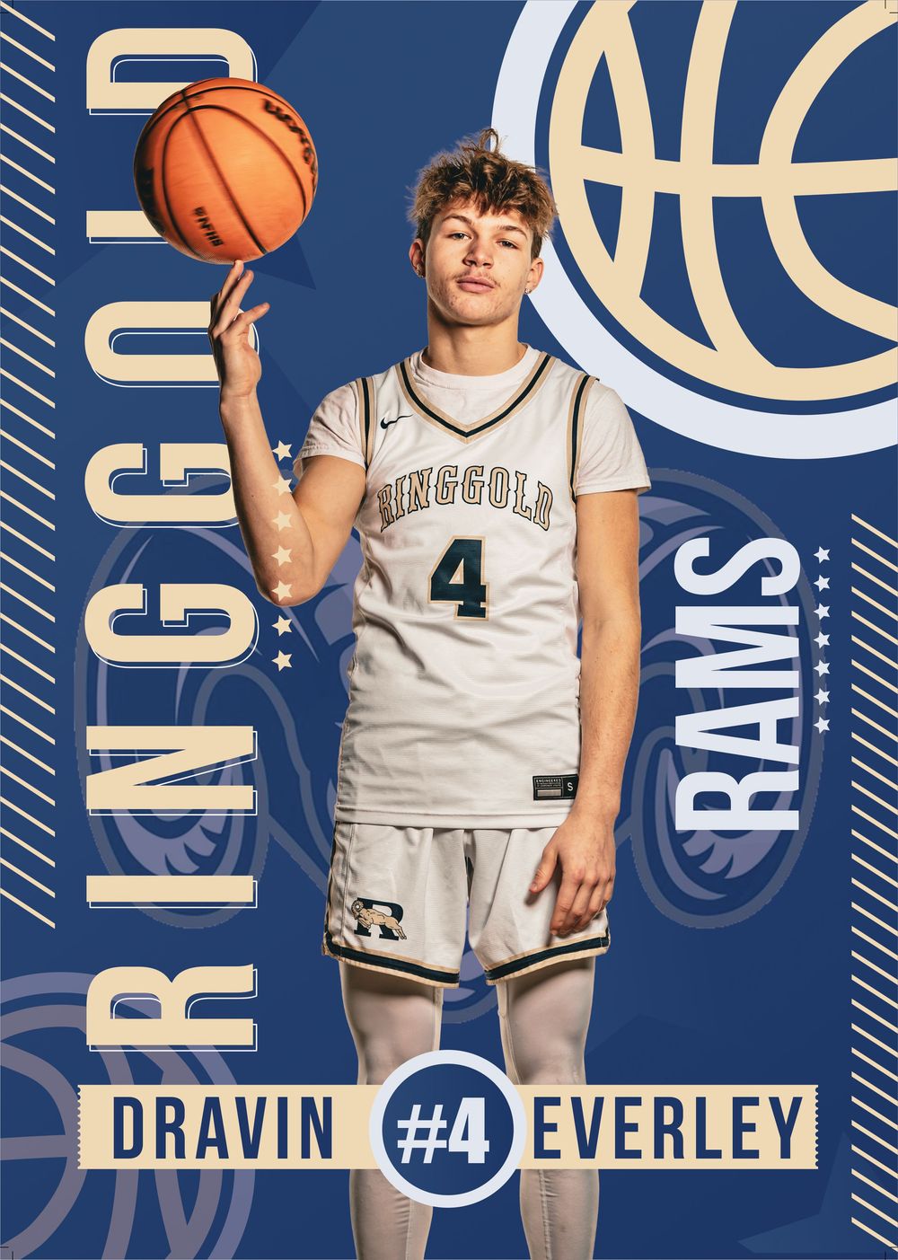 Basketball player wearing number 4 white jersey poses with ball against blue background with text overlay.