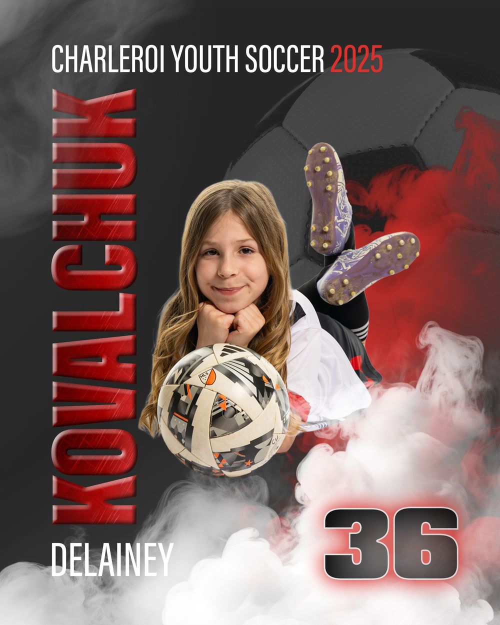 A soccer team photo featuring the player number 36 with a football and red smoke effects on a dark background.