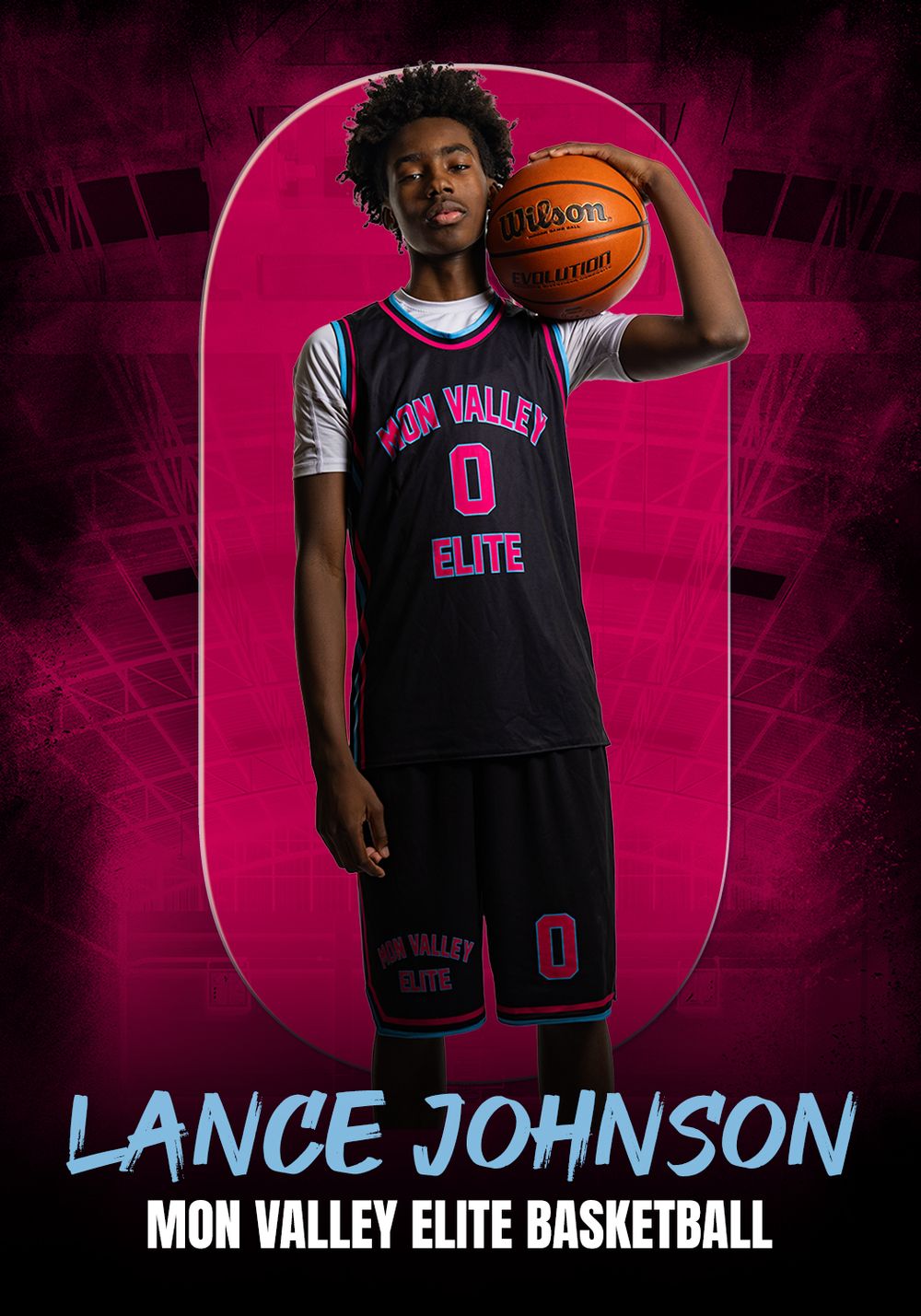A basketball player in a black and pink Mon Valley Elite uniform stands against a vibrant pink background holding a Wilson ball.