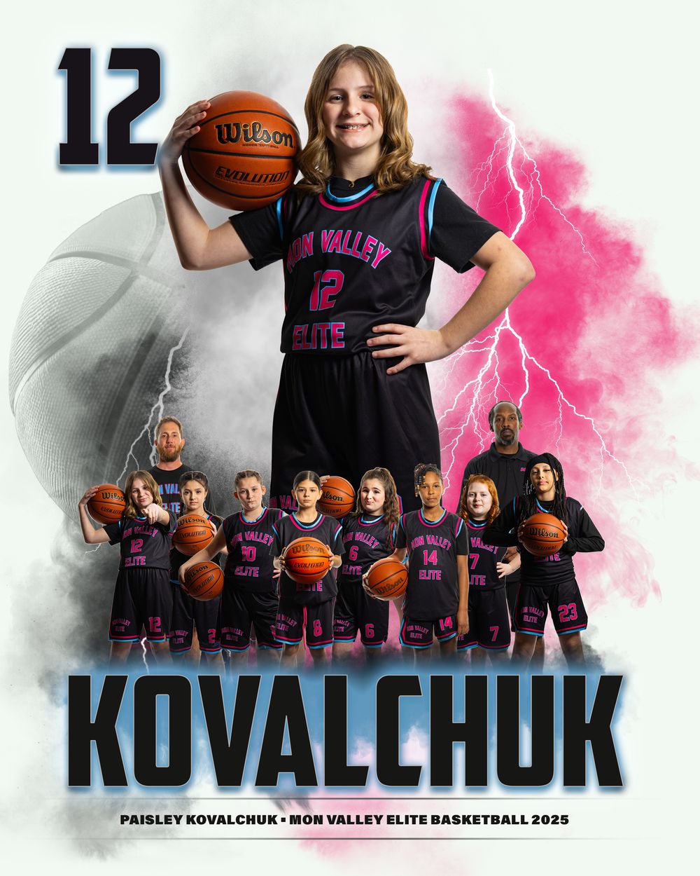 Basketball team promotional image showing purple-uniformed players below a large player portrait with lightning and smoke effects.