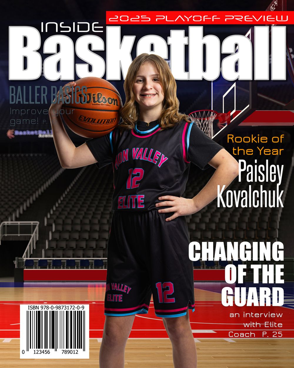 A basketball player in a black and pink uniform poses with a ball on an indoor court for a magazine cover.