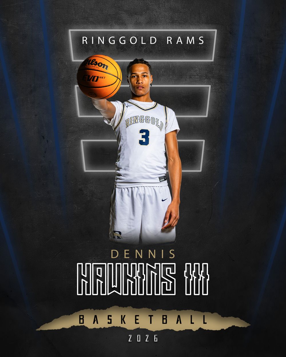 A basketball player in a white Ringgold Rams uniform #3 poses with a basketball against a dark background with neon effects.