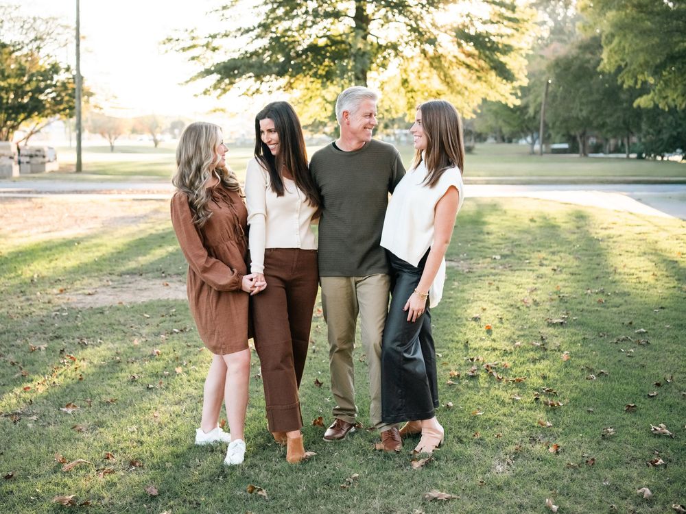 Casual group photos taken in park setting with golden hour lighting and trees.