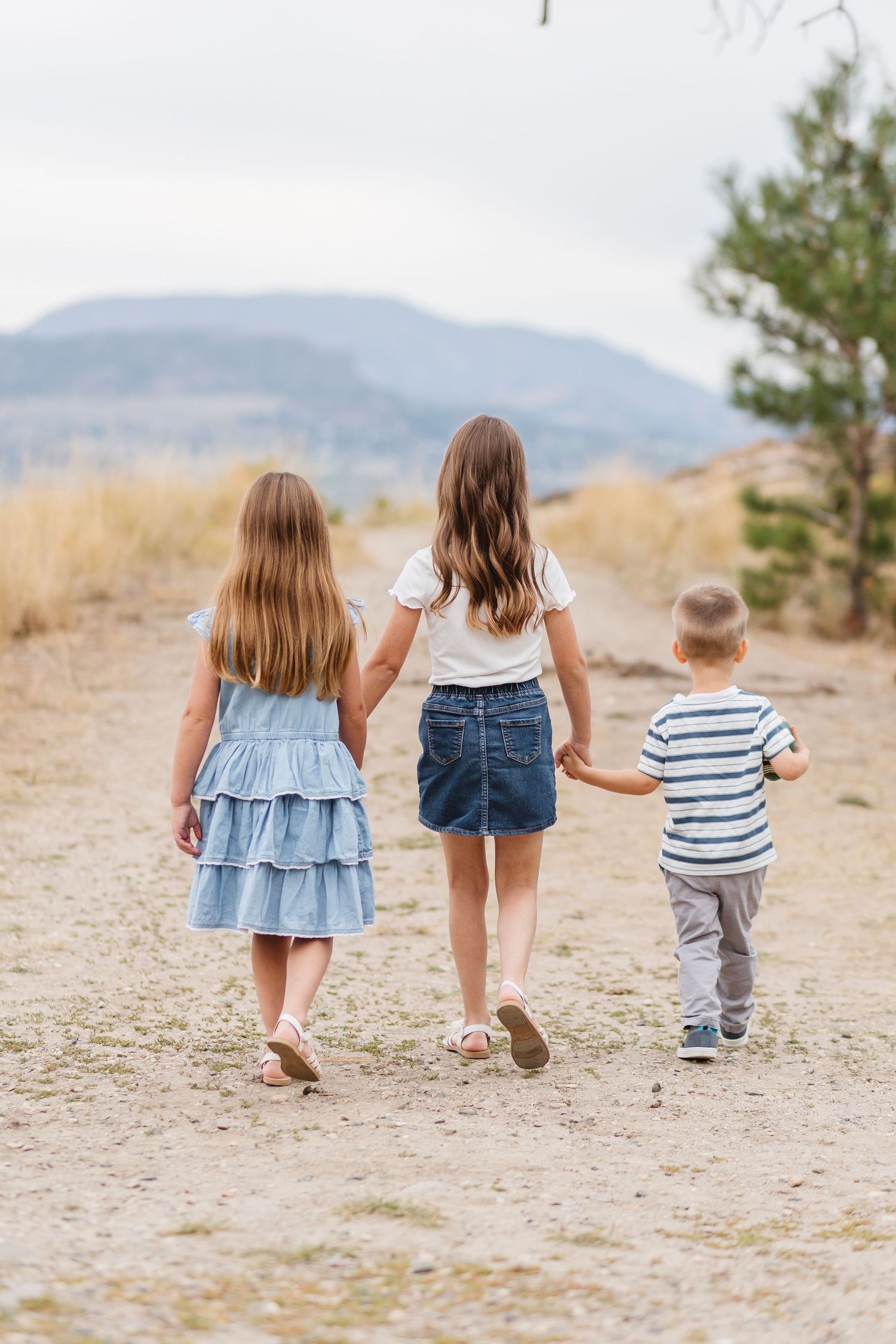 Three children walking together hand in hand on a desert trail with mountains visible in the background.