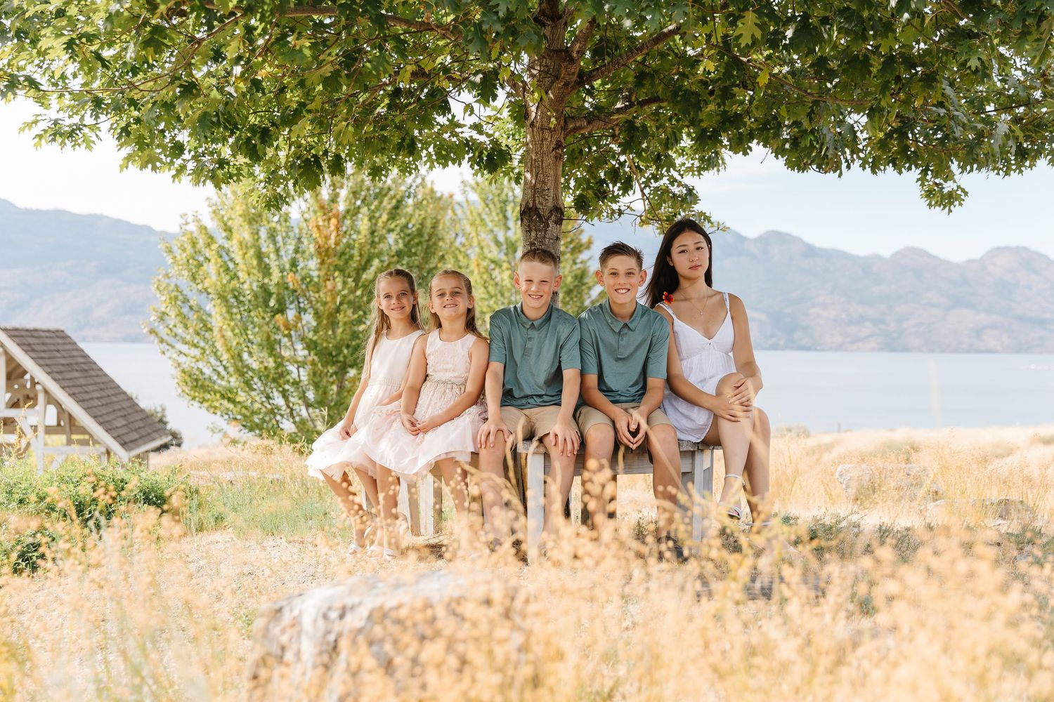 Family group sits together on grassy hillside overlooking scenic mountain landscape during golden hour.