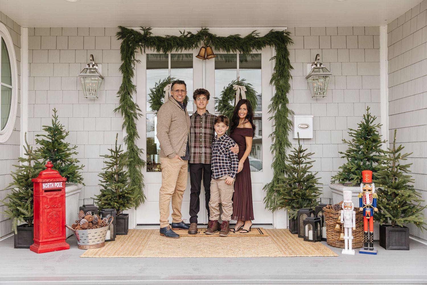 A collage of holiday-themed porch scenes with evergreen trees, decorative mailboxes, and seasonal decor.