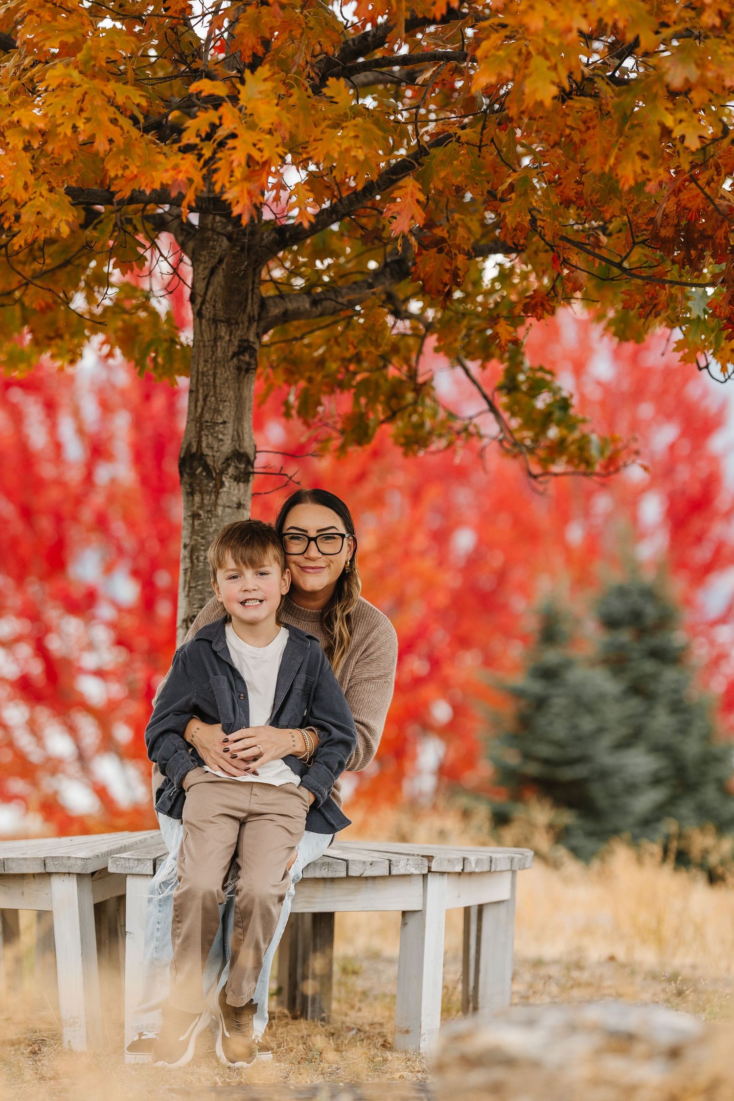Autumn scene with vibrant orange maple leaves and red bushes framing a peaceful white bench in a park setting.