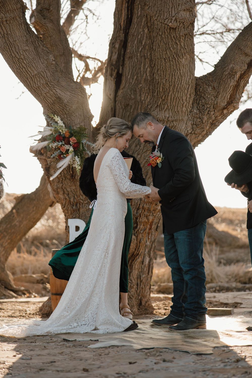 A romantic wedding couple shares intimate moments beneath a large tree in a series of silhouetted photographs.