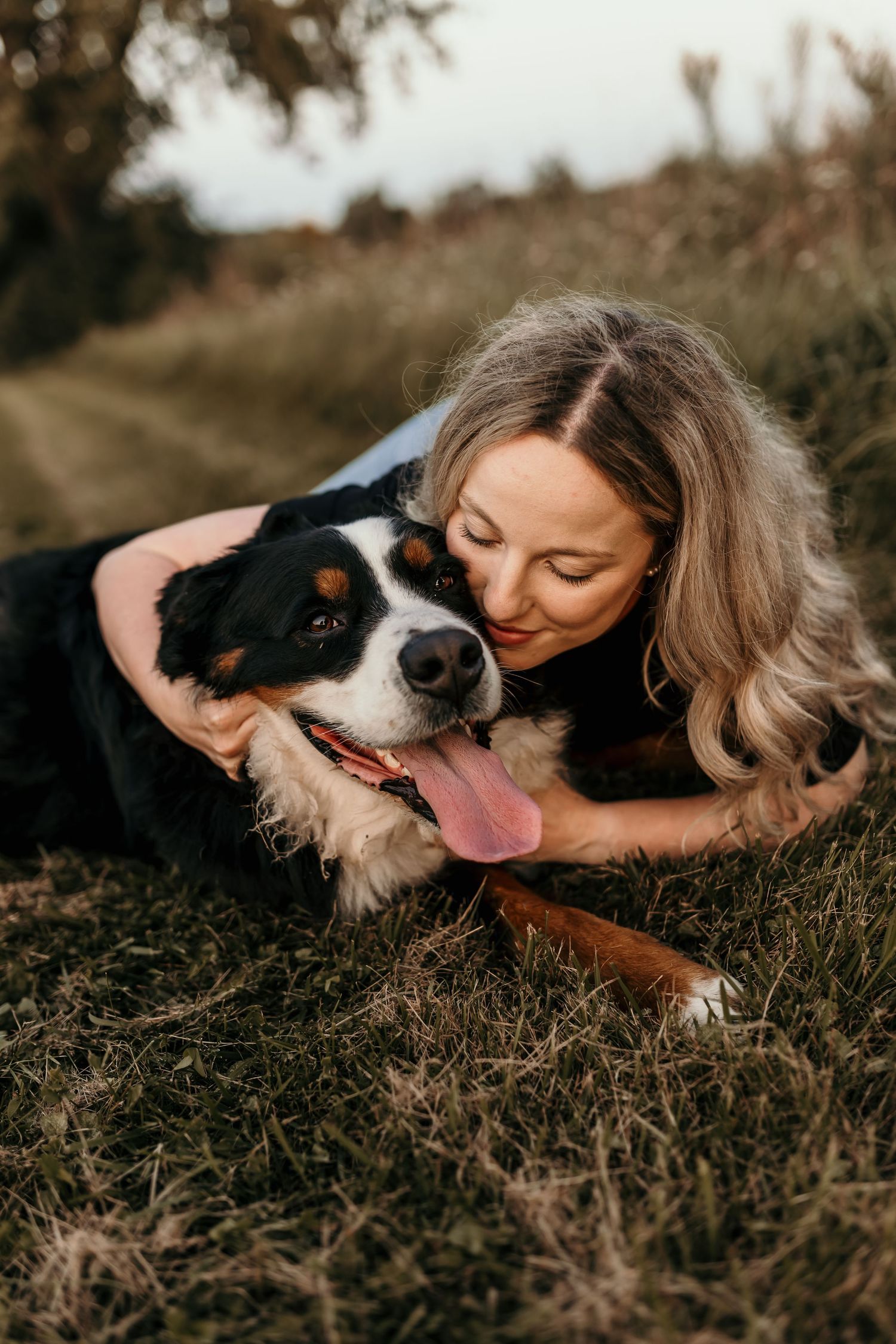 Woman cuddling with happy Bernese Mountain Dog on grassy hill during golden hour.