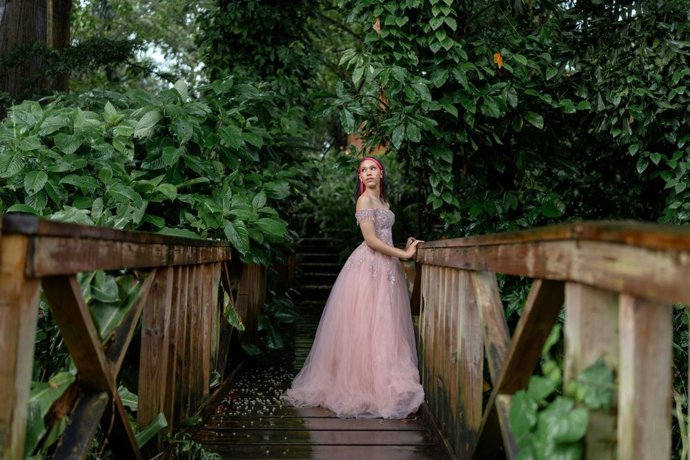 Romantic portrait of a figure in pink tulle gown standing on a rustic wooden bridge.