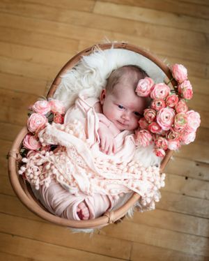 Newborn baby rests in round basket with pink roses and soft blankets.
