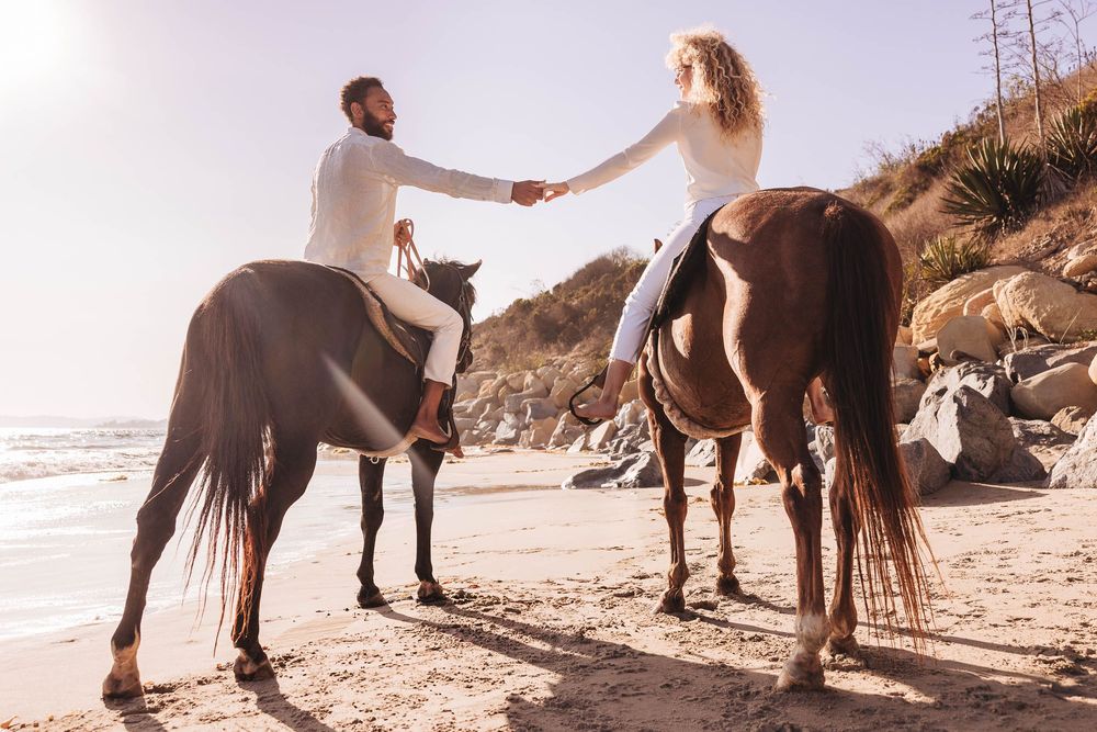 A romantic couple walks with their horse along a sunlit beach during golden hour.