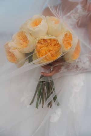Bride holding a lush bouquet of yellow and cream garden roses wrapped in tulle veil fabric.