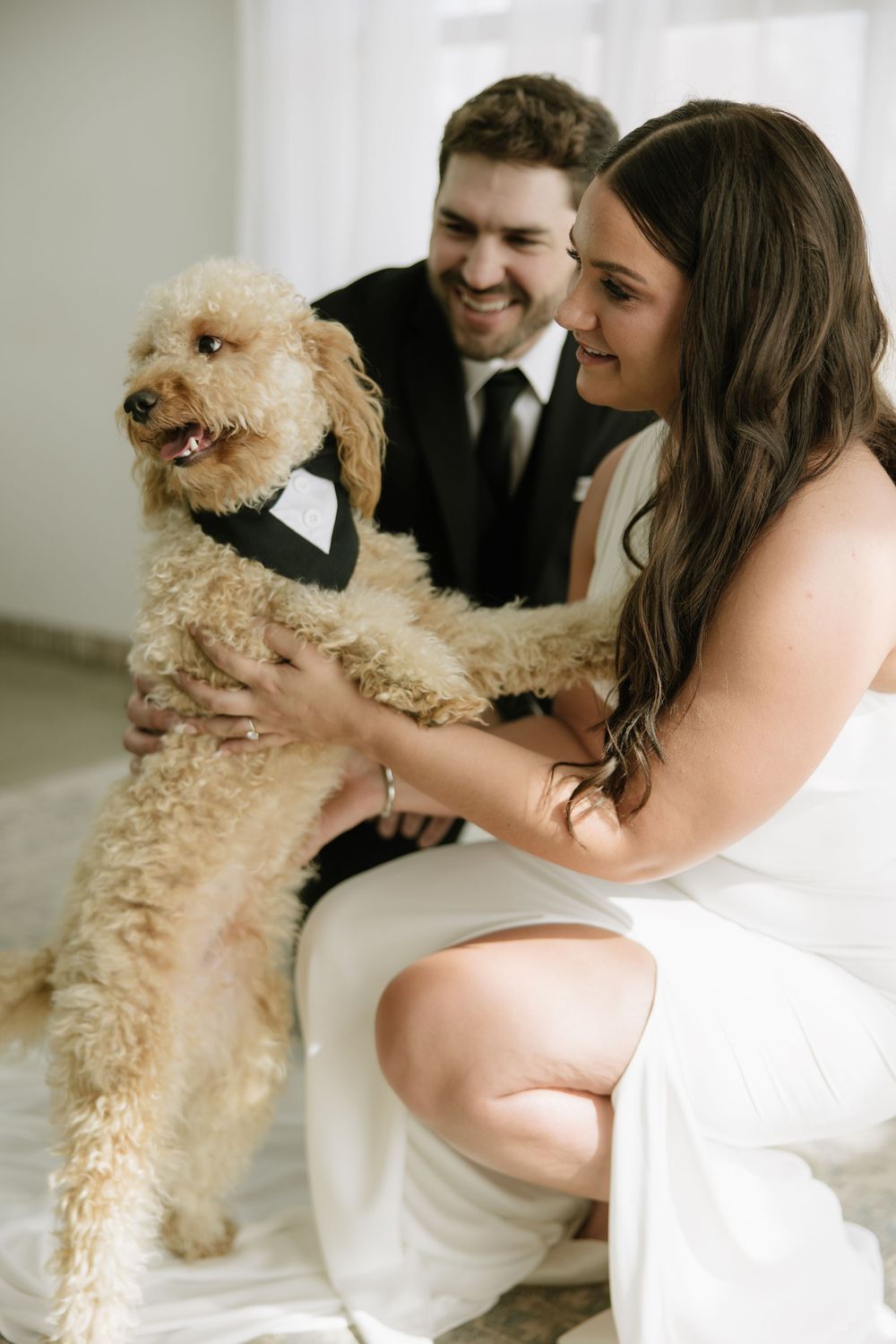 Happy couple with their goldendoodle dog dressed in wedding attire.