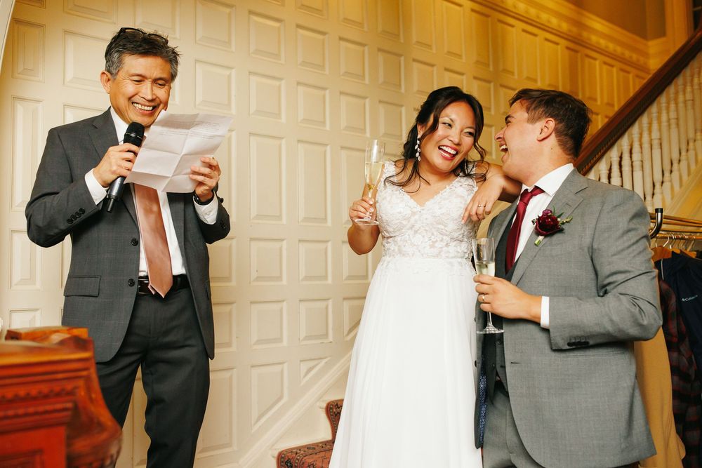 A joyful toast given by the father of the bride during a wedding reception at The Lyman Estate in Waltham, MA