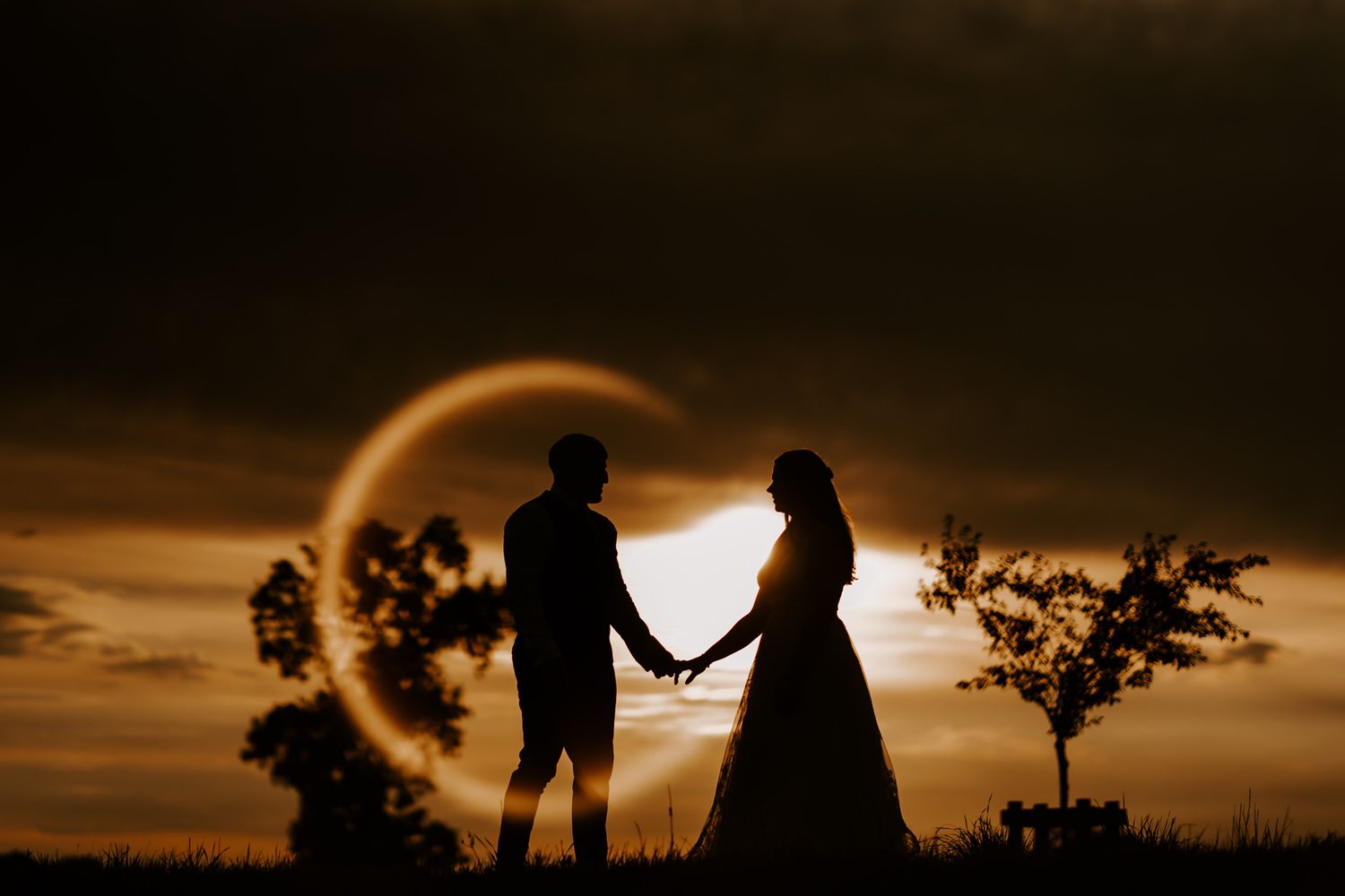 Romantic silhouettes of couples hold hands against dramatic sunset skies in a series of connected images.