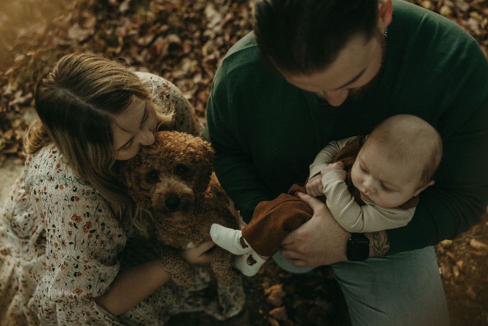 A family and their dog share a tender moment together on fallen autumn leaves.
