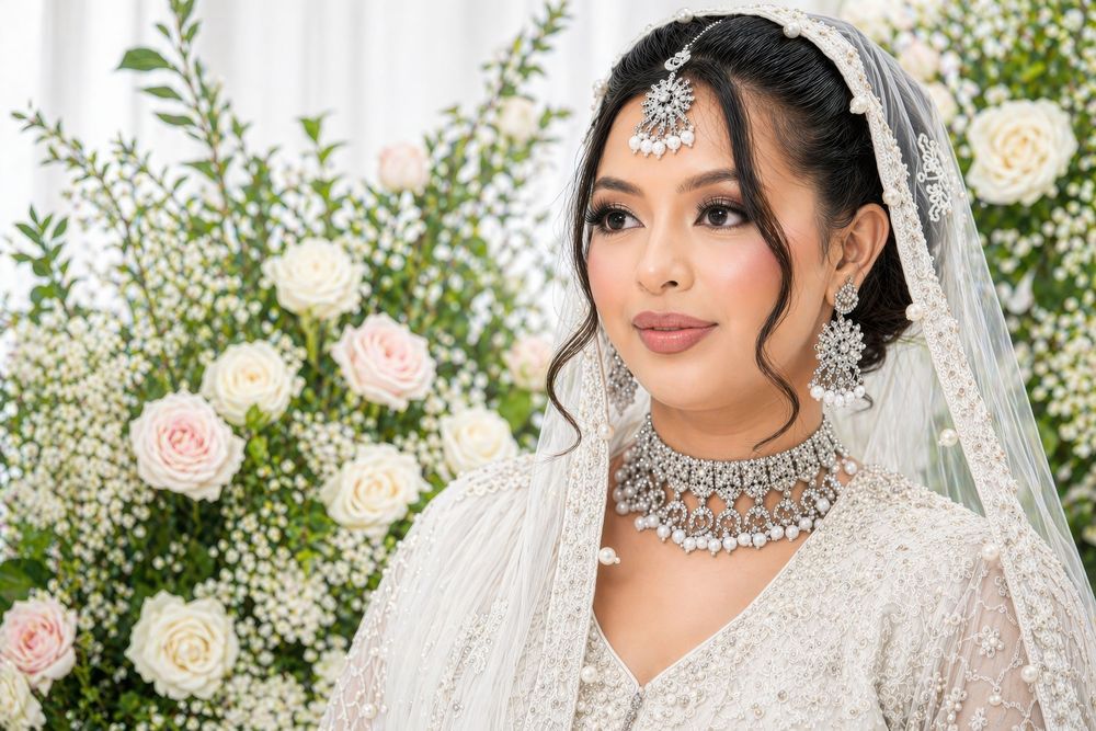 South Asian bride in white lehenga with silver jewelry and maang tikka poses before floral backdrop. Wedding photographer Manchester