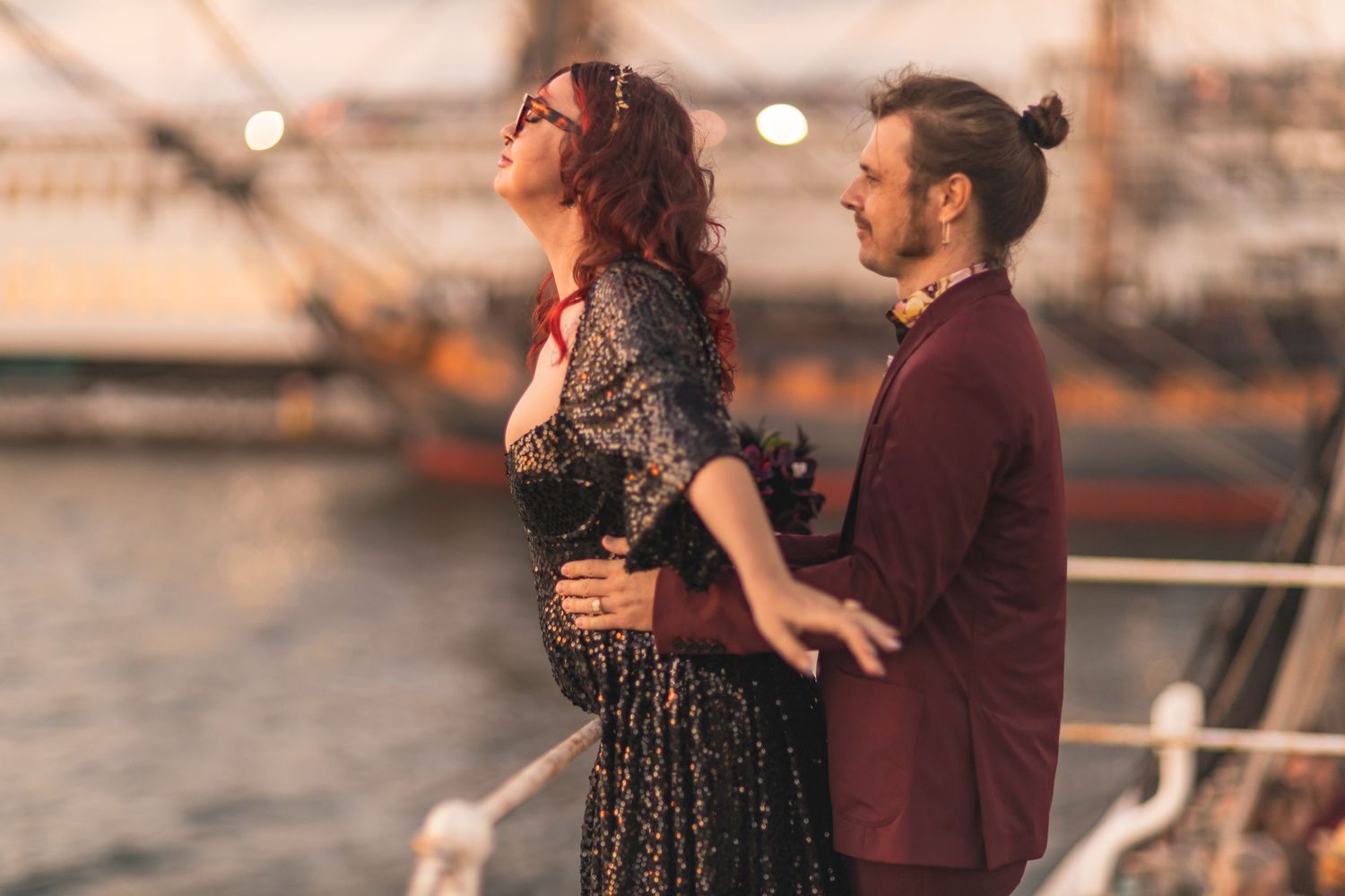 Cinemeatic moody Portrait of Newlyweds at Maritime Museum shot by Zeus Holbrook San Diego Wedding Photographer